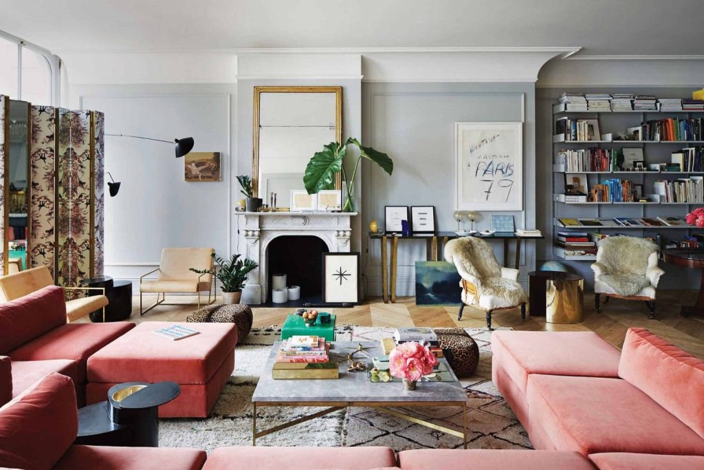 modern maximalist living room with pink velvet sofa 1536x1024 1